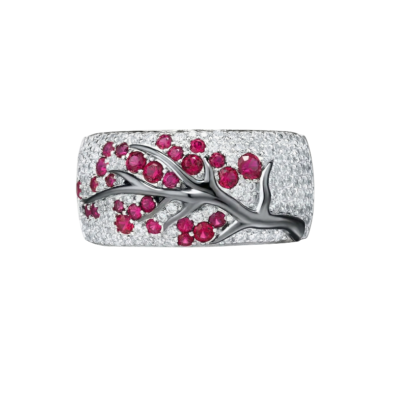 Bague arbre de fleurs rubis en or blanc