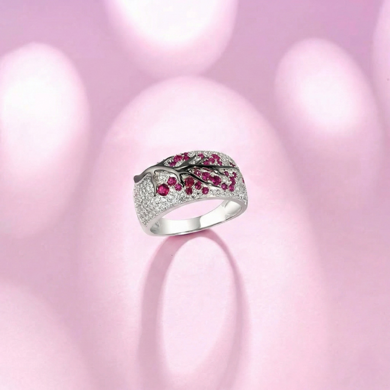 Bague arbre de fleurs rubis en or blanc