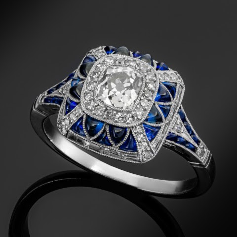 Bague carrée bleue lumineuse en or