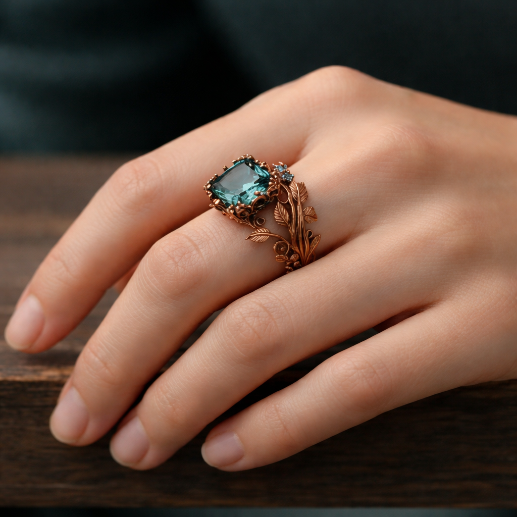 Bague nature avec cristal vert en or