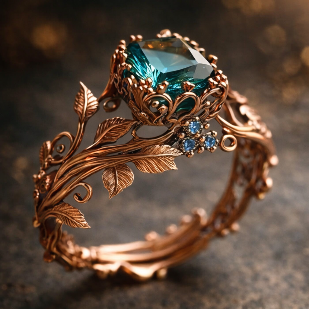 Bague nature avec cristal vert en or
