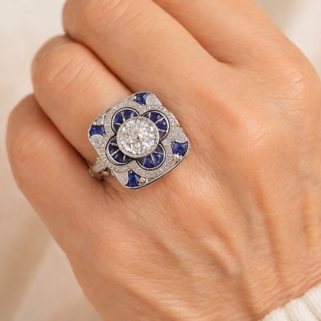 Bague rétro à brillants bleus en or blanc