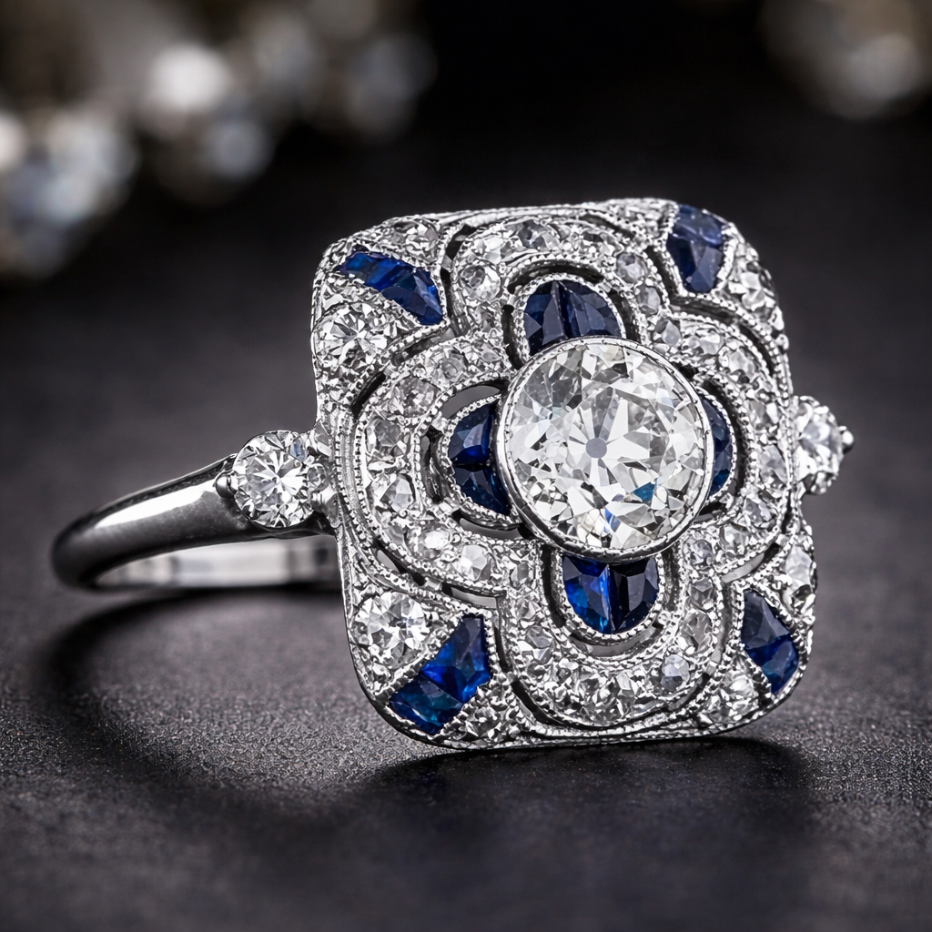 Bague rétro à brillants bleus en or blanc