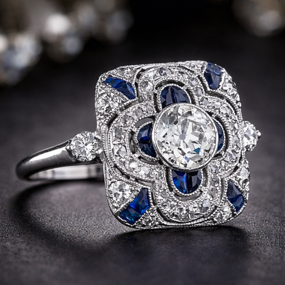 Bague Rétro en Argent avec Zircon Bleu