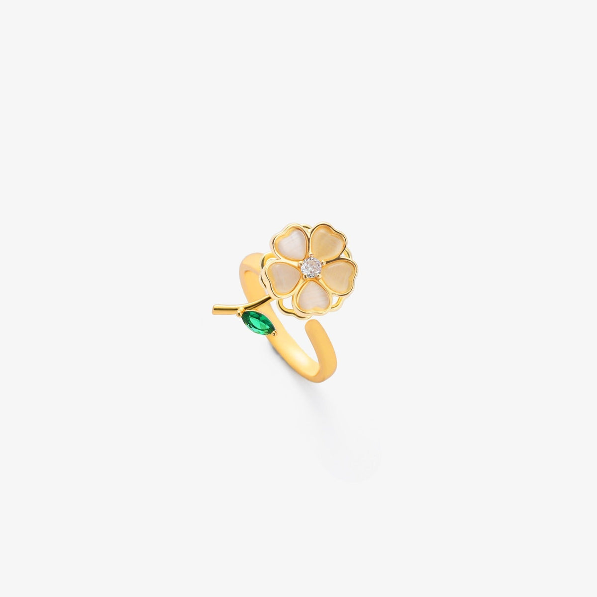 Bague tournante fleur feuille émeraude en or