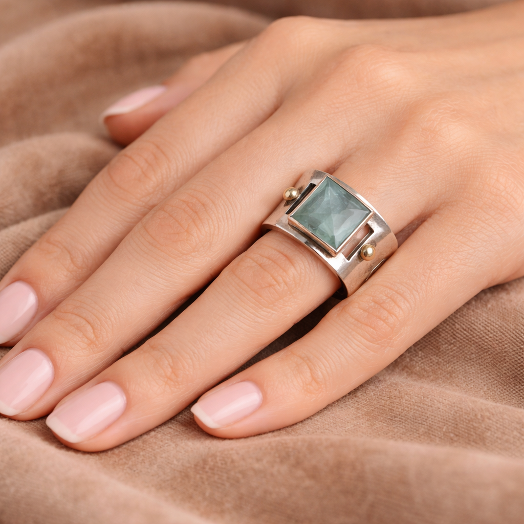 Bague Vintage avec une pierre de lune verte en forme carrée