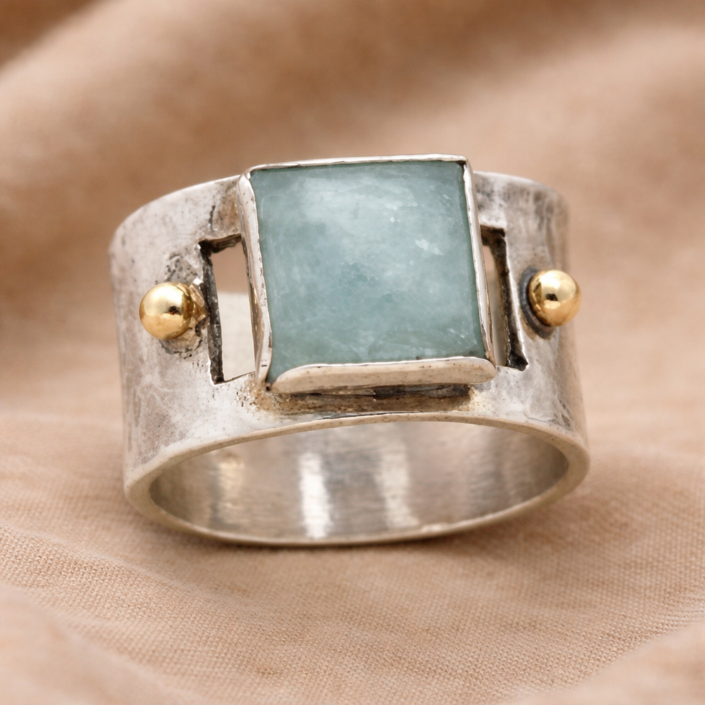 Bague Vintage avec une pierre de lune verte en forme carrée