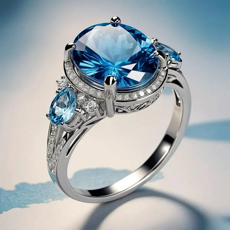 Bague vintage avec cristal bleu en or blanc