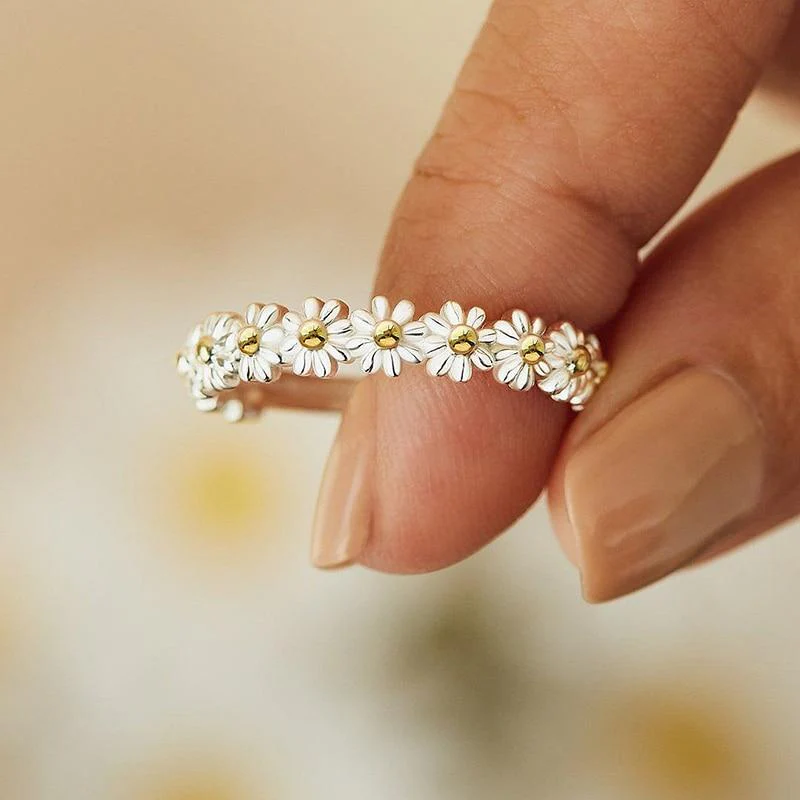 Bague ajustable et émail fait main avec des marguerites en or blanc