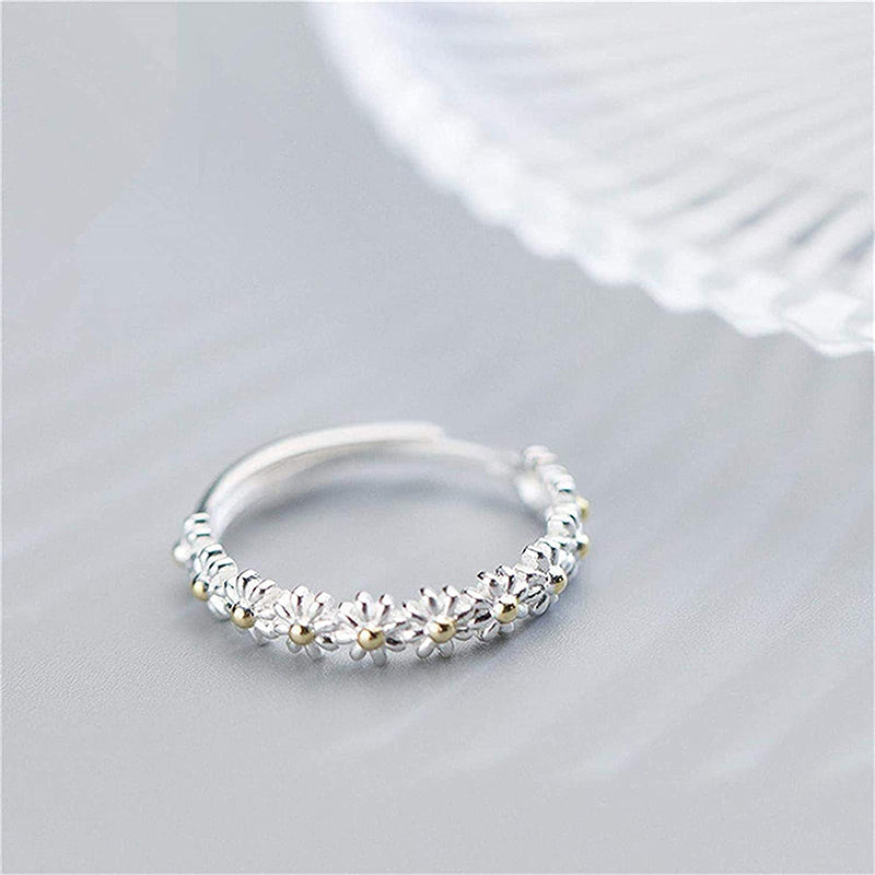 Bague ajustable et émail fait main avec des marguerites en or blanc