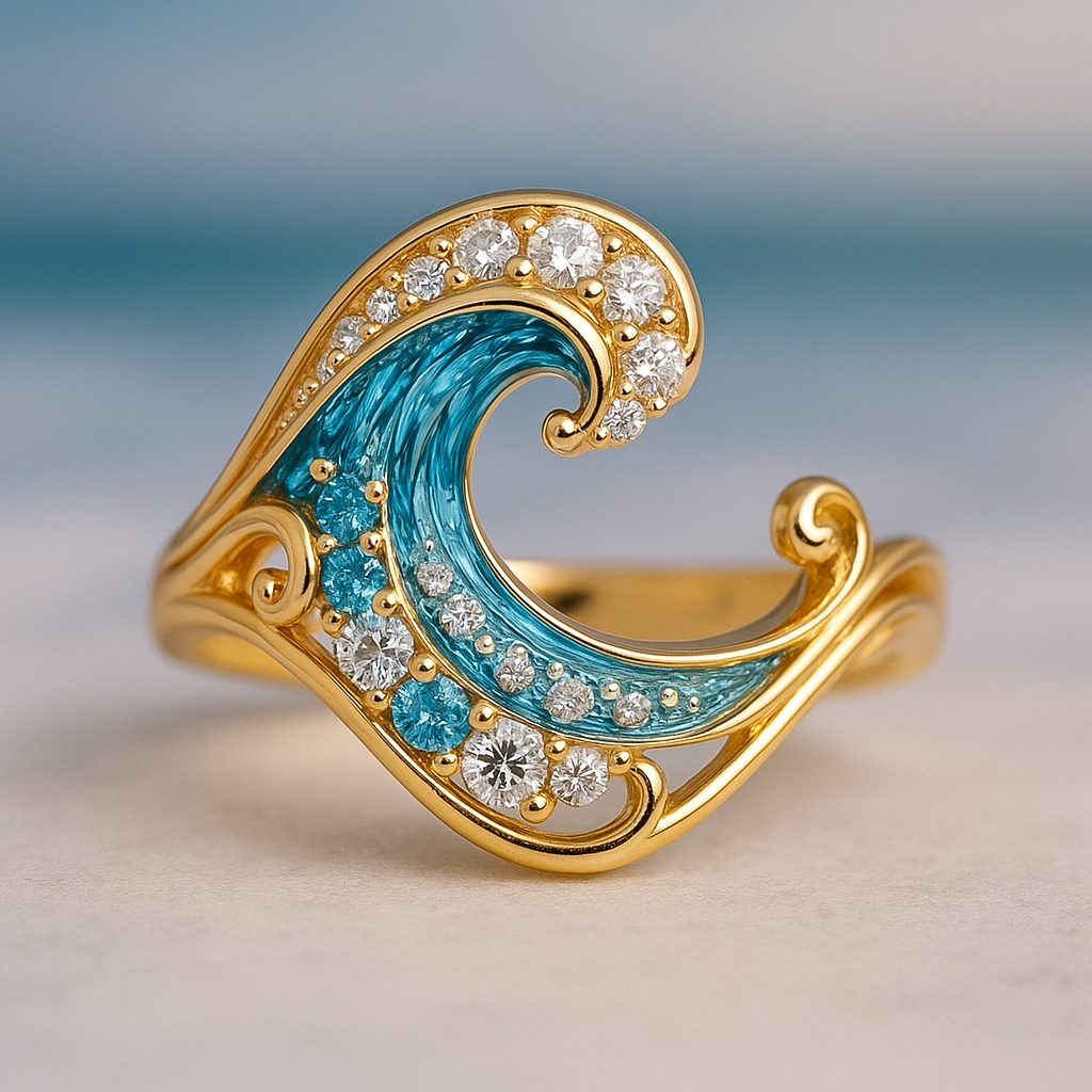 Bague avec vague bleue brillante en or
