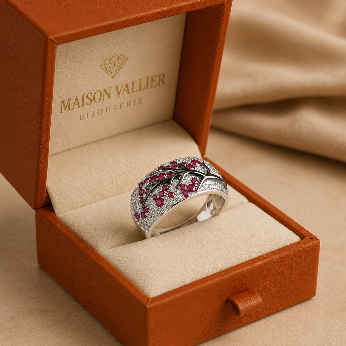 Bague avec rubis et fleurs en or blanc