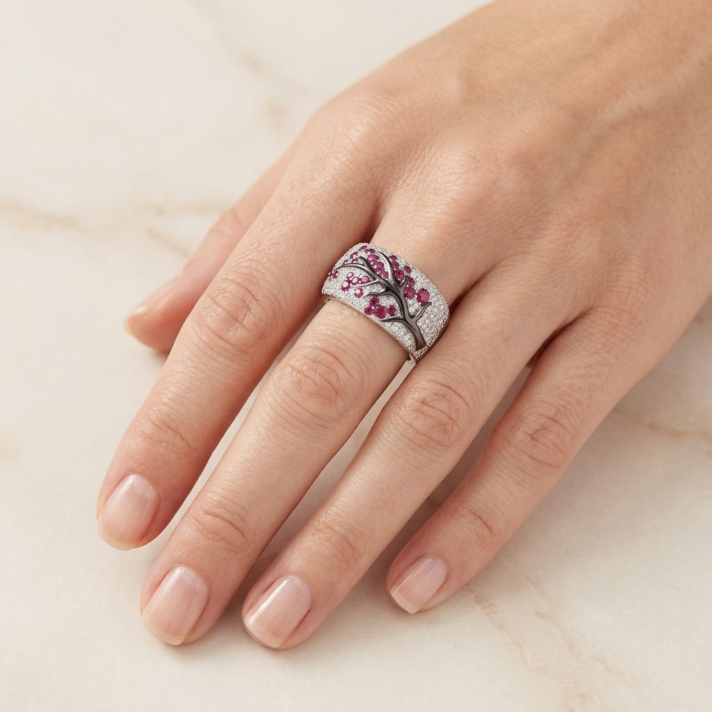 Bague avec rubis et fleurs en or blanc