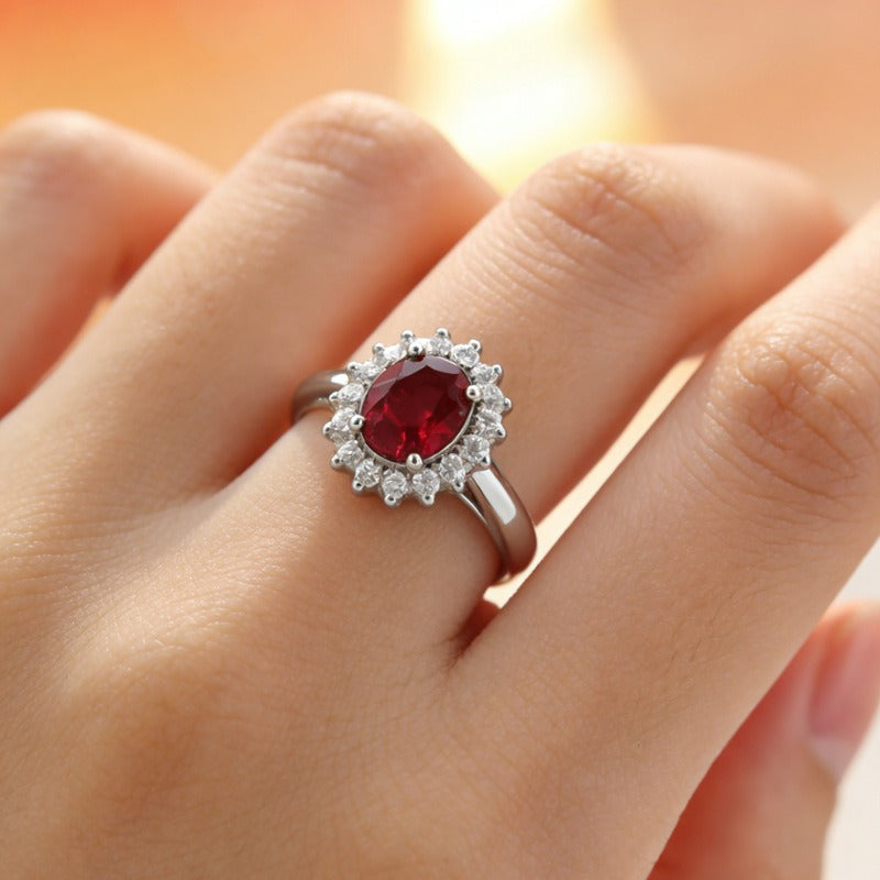 Bague classique avec rubis et bord en or blanc