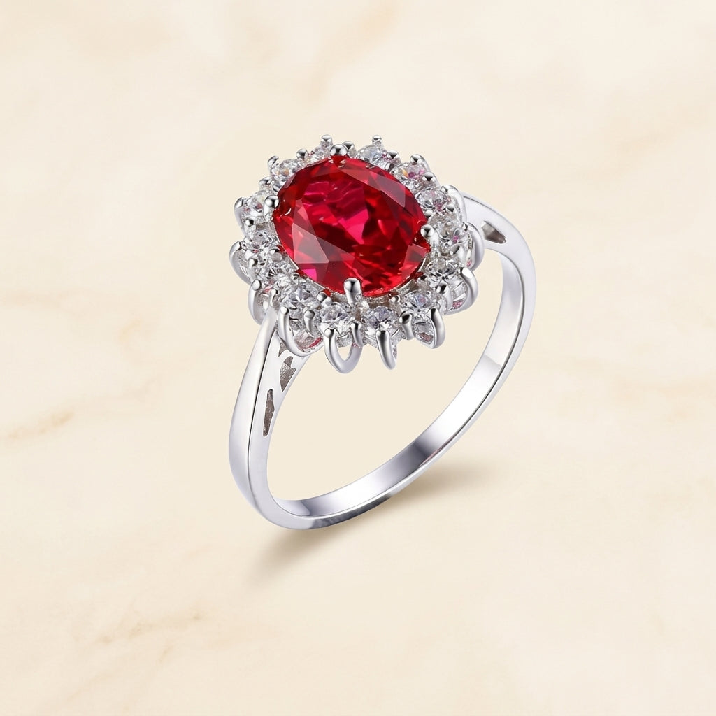 Bague classique avec rubis et bord en or blanc