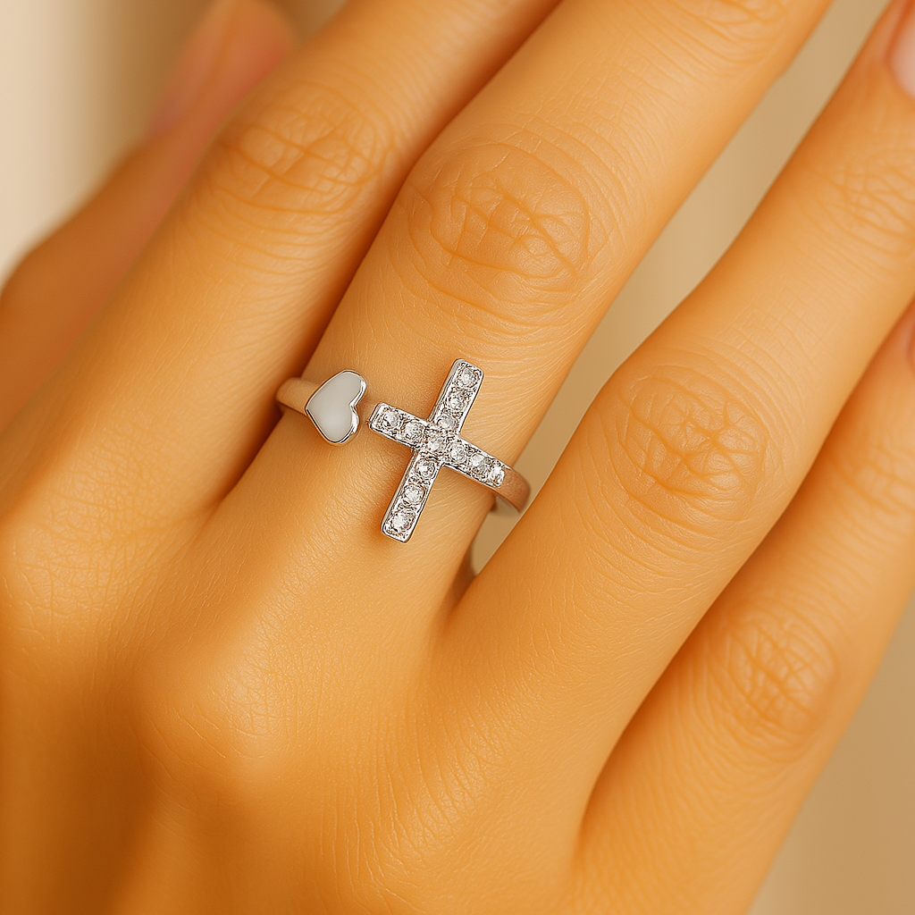 Bague croix rétro réglable « amour » en or blanc