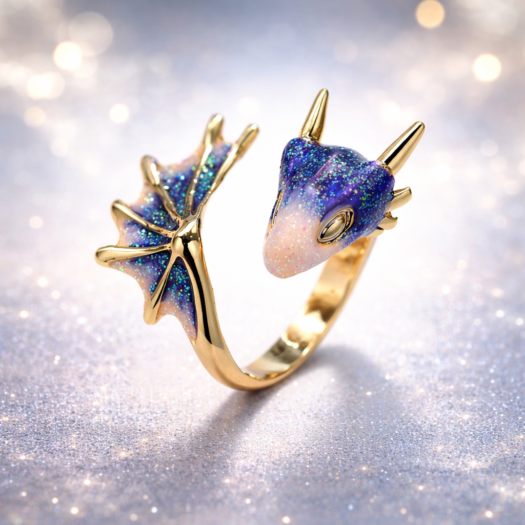Bague dragon ajustable et émail fait main en or blanc