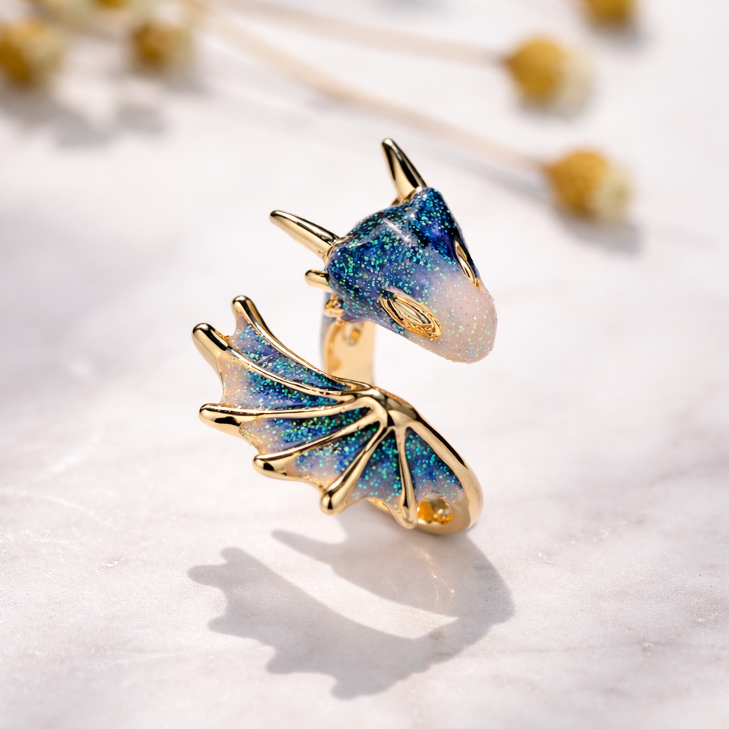 Bague dragon ajustable et émail fait main en or blanc
