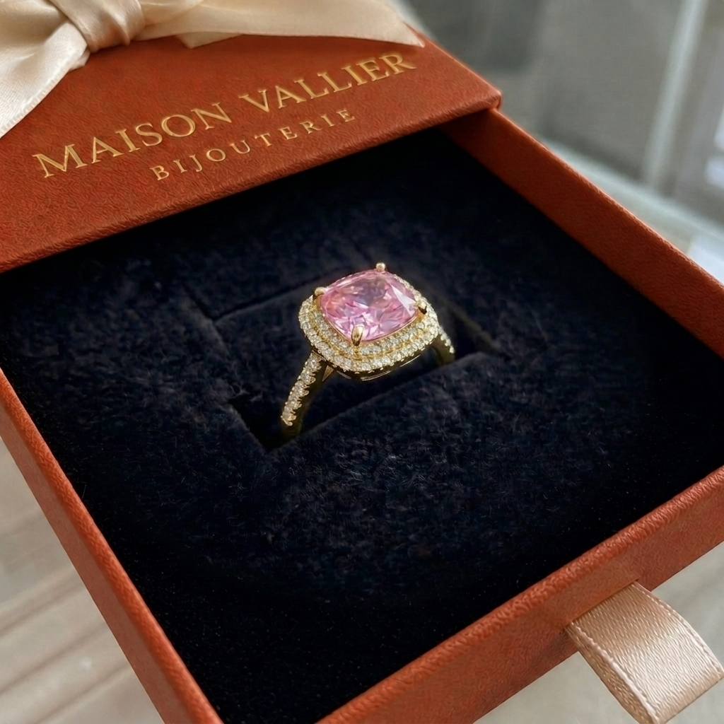 Bague en saphir rose coussin en or blanc