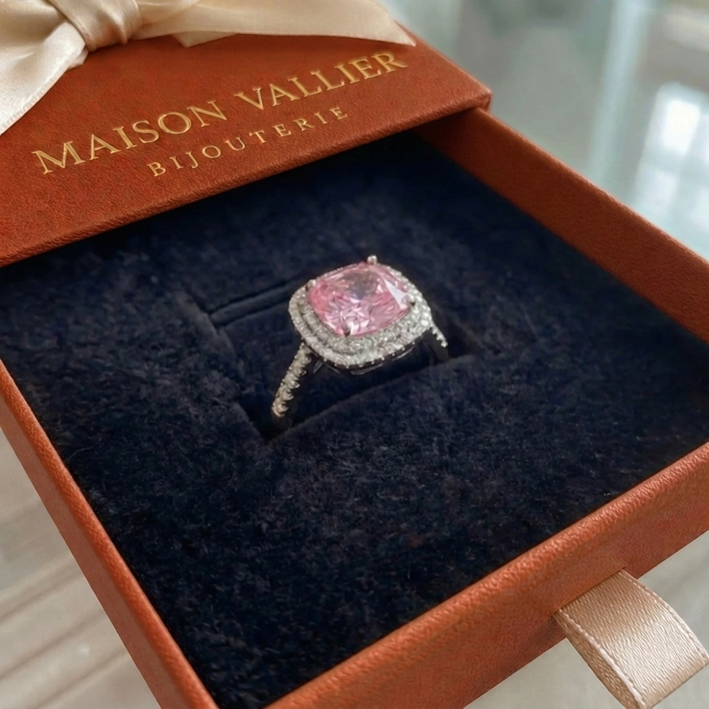 Bague en saphir rose coussin en or blanc