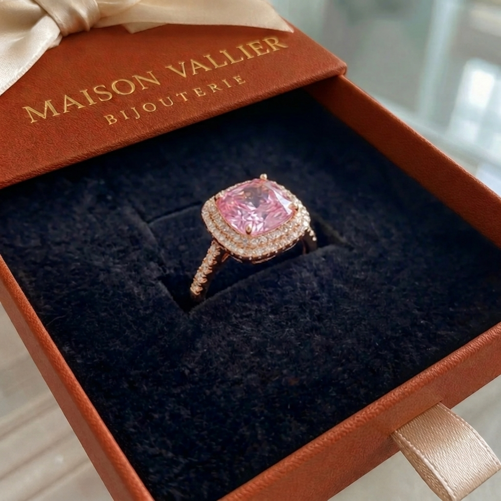 Bague en saphir rose coussin en or blanc