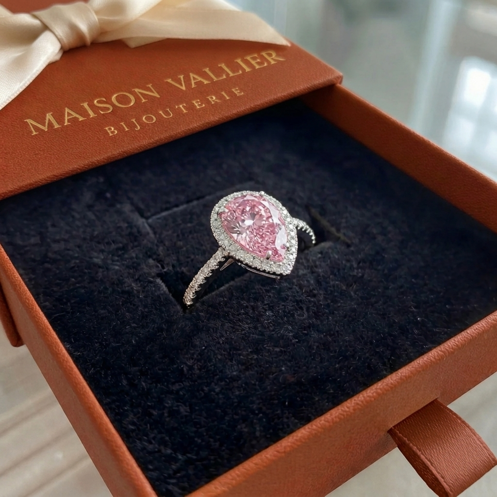 Bague en saphir rose en forme de goutte en or blanc