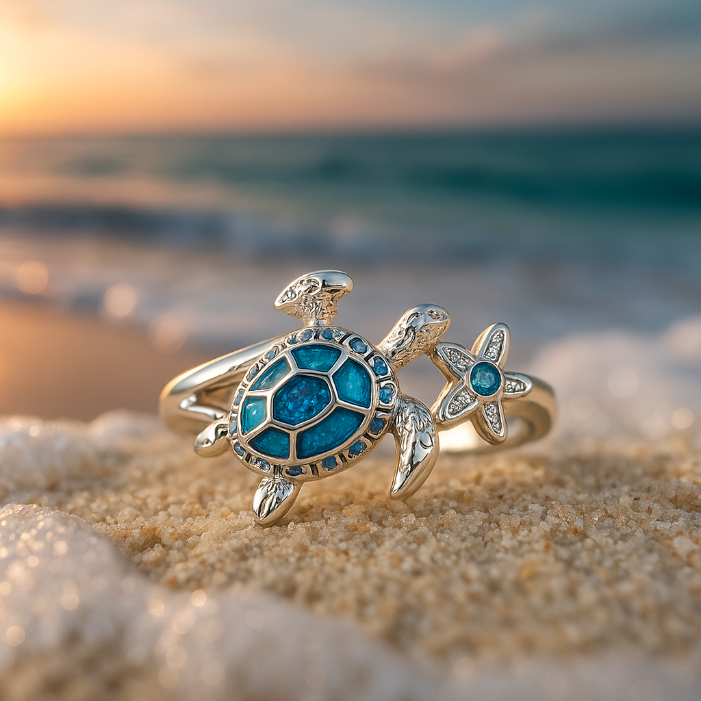 Bague avec tortue et opale bleue en or blanc