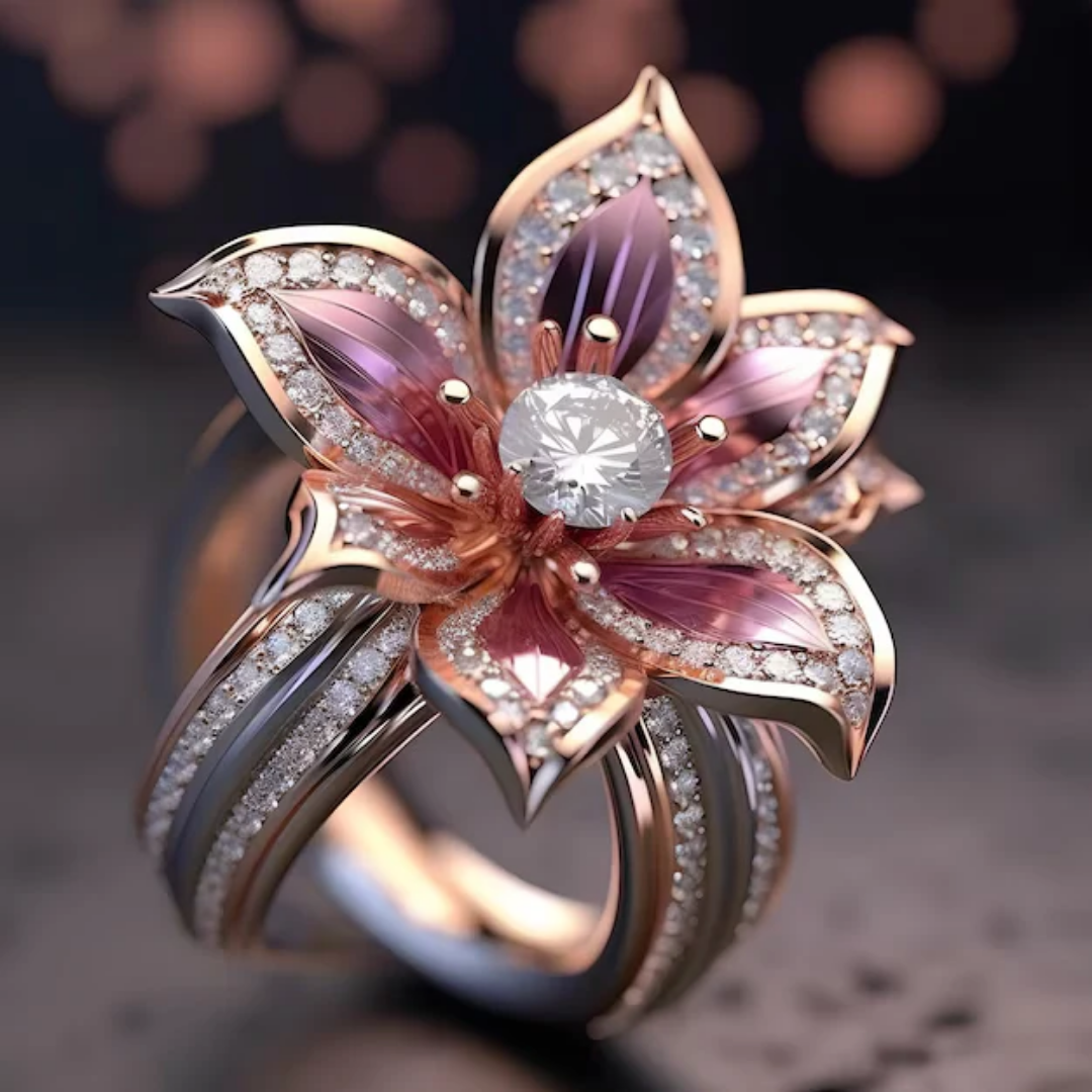 Bague en cristal avec fleur de lotus rose exotique en or