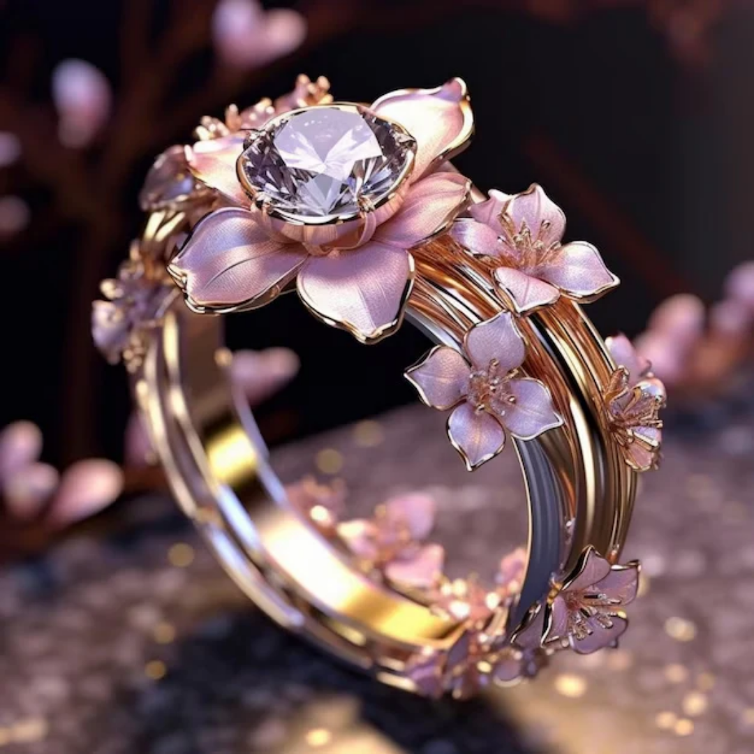 Bague en cristal avec fleur rose exotique en or