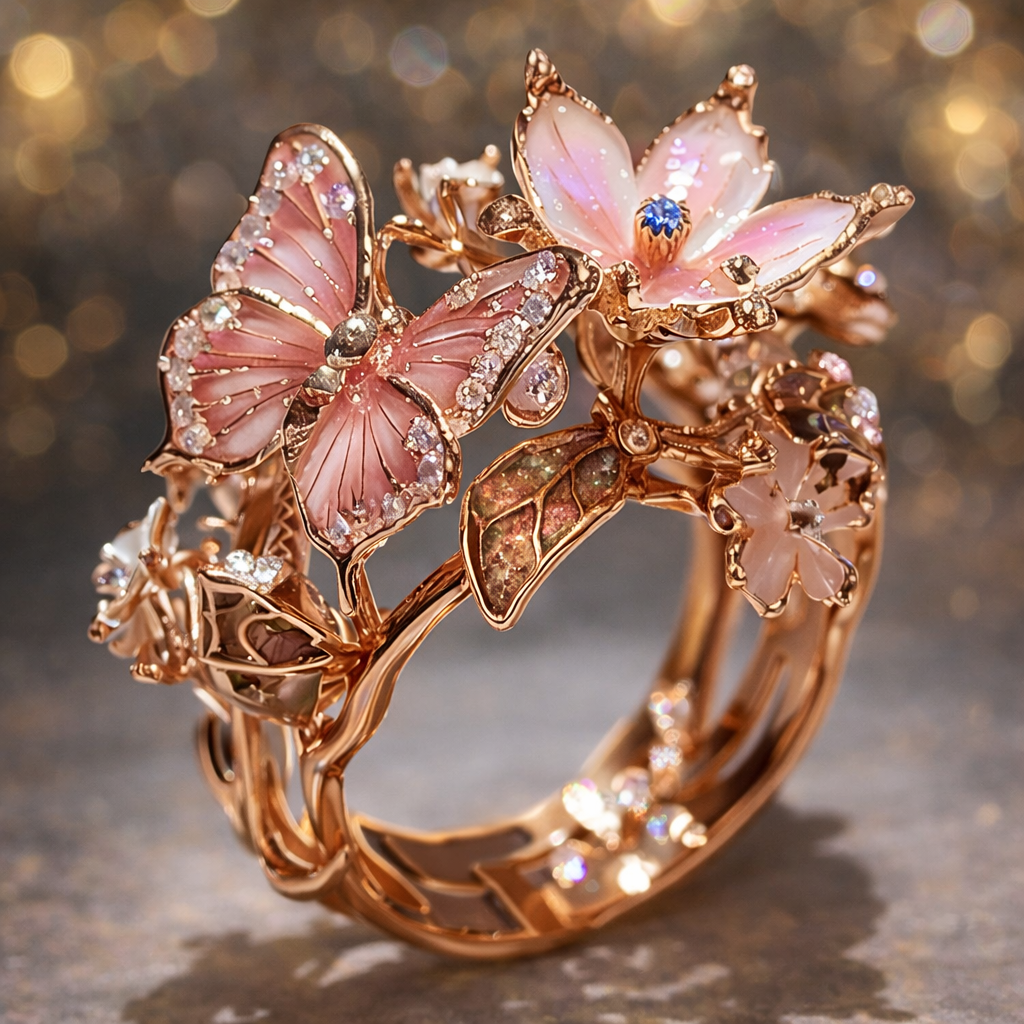 Bague en papillon brillant de la nature à brillants en or