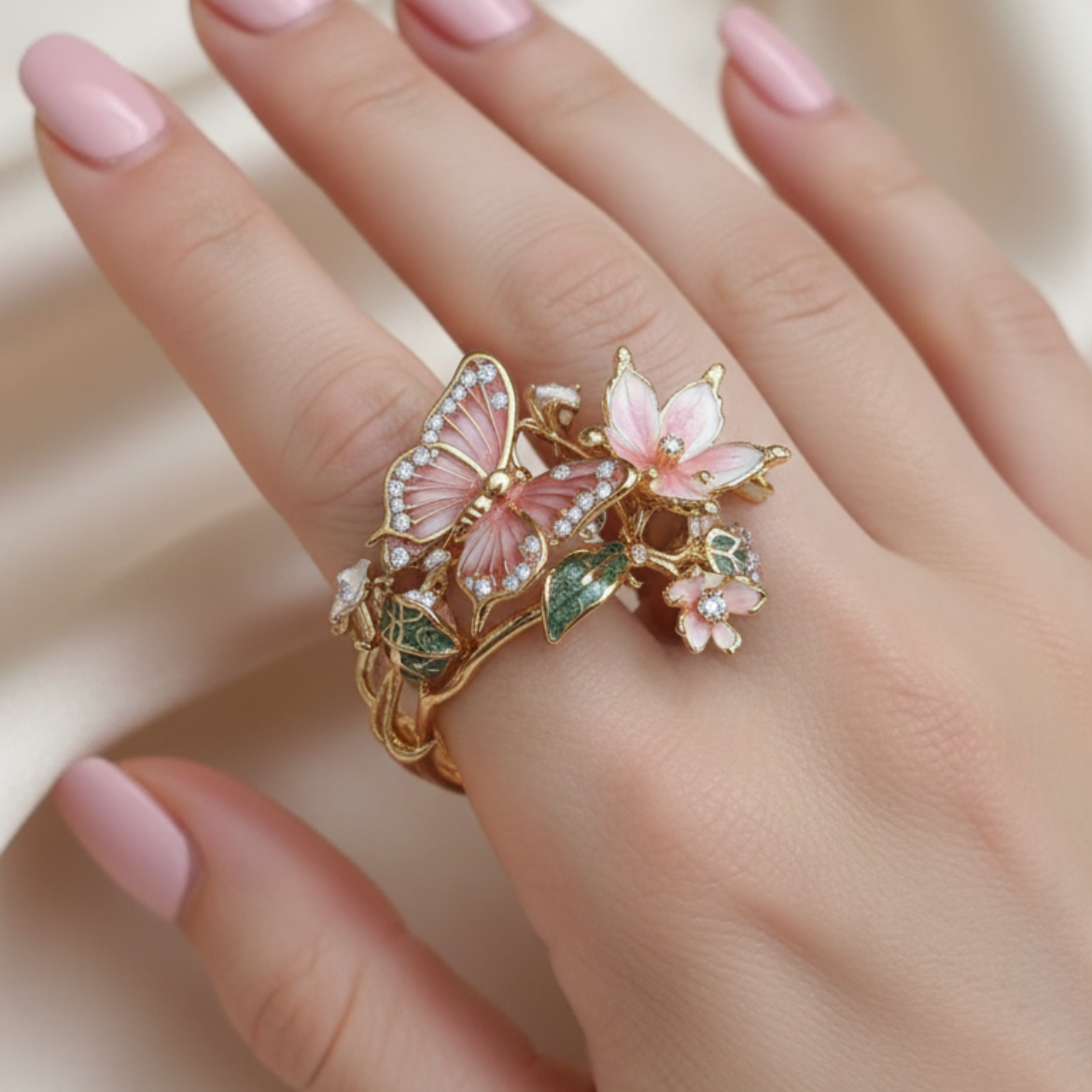 Bague en papillon brillant de la nature à brillants en or