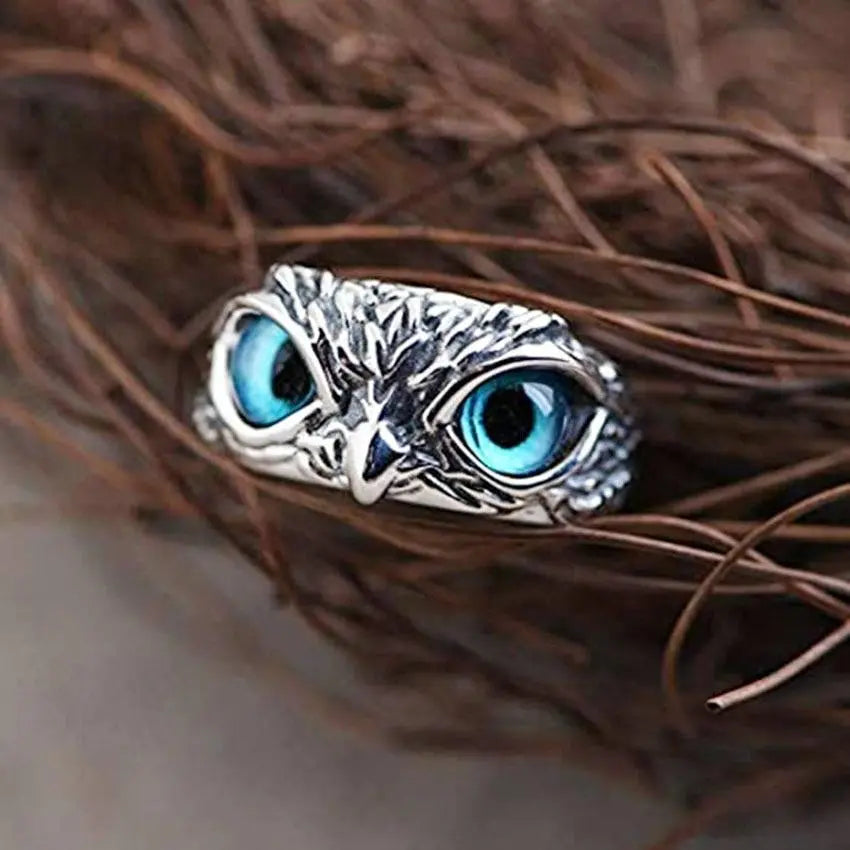 Bague hibou porte-bonheur ajustable avec opale en or blanc