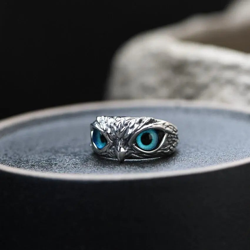 Bague hibou porte-bonheur ajustable avec opale en or blanc