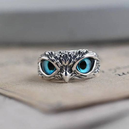 Bague hibou porte-bonheur ajustable en argent avec opale