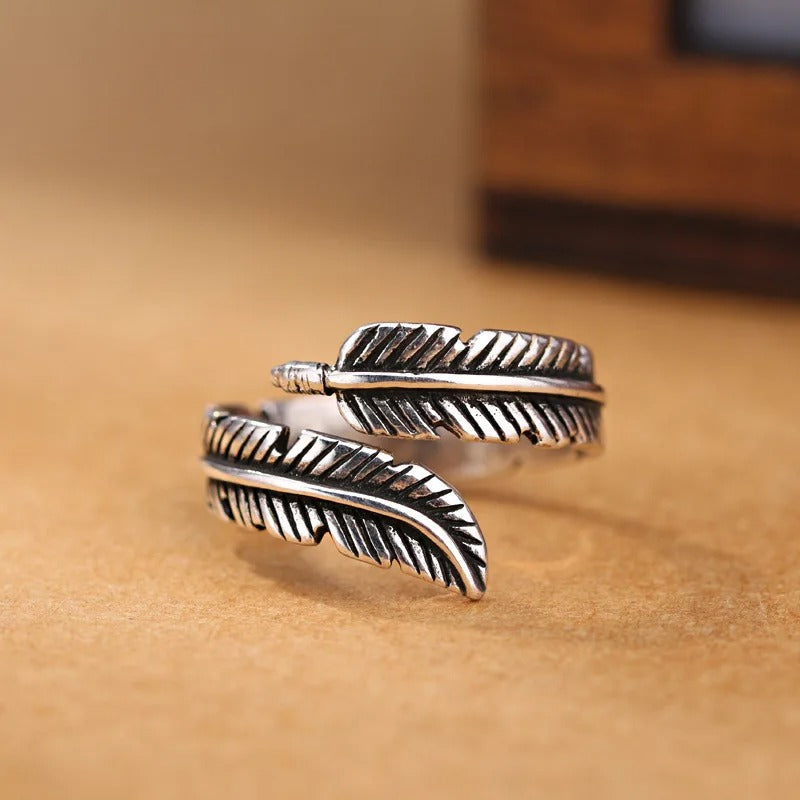 Bague rétro or blanc réglable avec feuille en or blanc