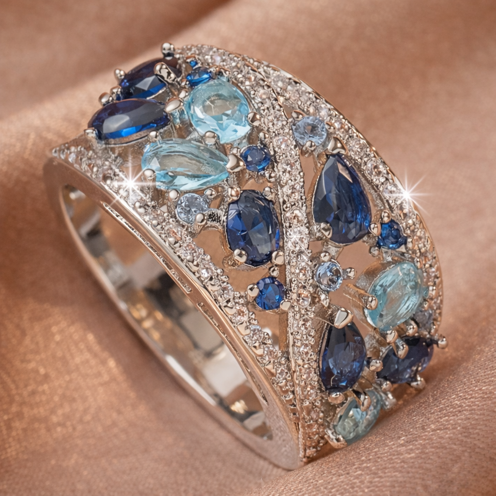Bague rétro à brillants bleus en or