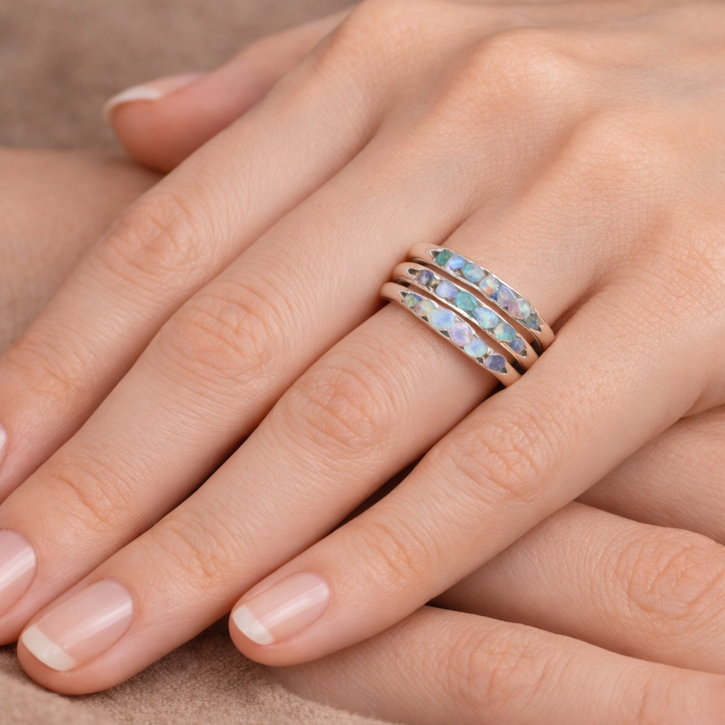Bague rétro avec pierres bleues en couches en or blanc