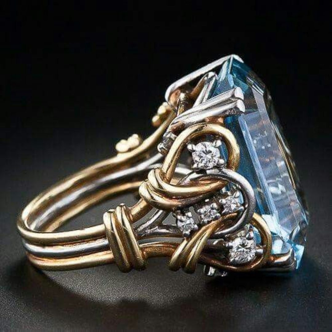 Bague rétro à rangées de brillants bleus en or