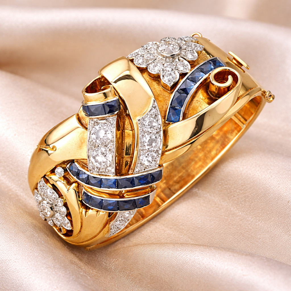 Bague rétro à brillants bleus en or
