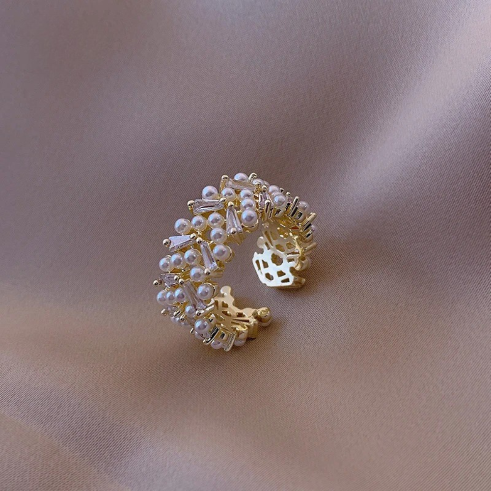 Bague rétro réglable avec perles et cristaux en or