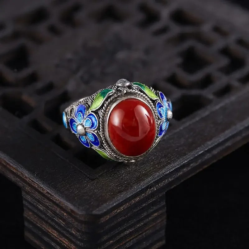 Bague rétro réglable en tourmaline rouge en or blanc