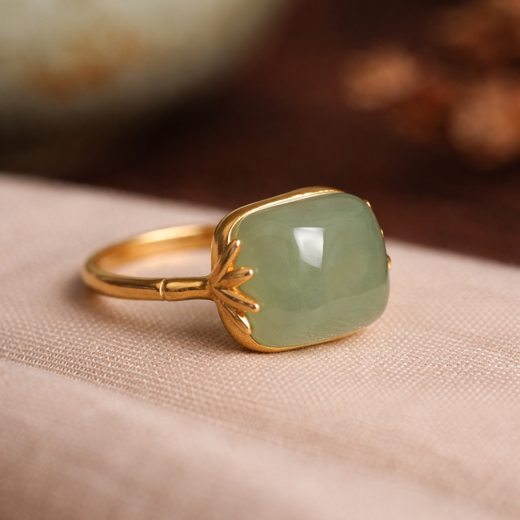 Bague rétro réglable avec jade vert en or