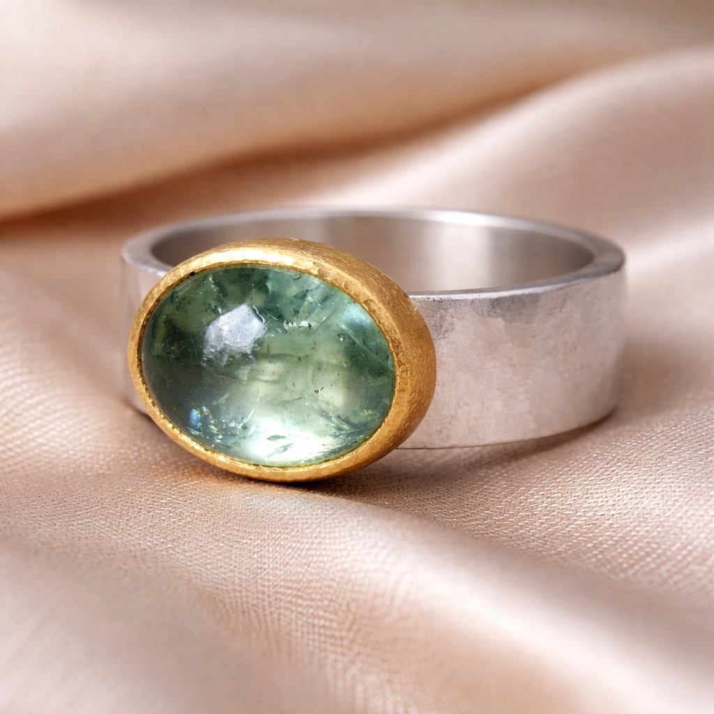 Bague rétro verte avec pierre ronde en or