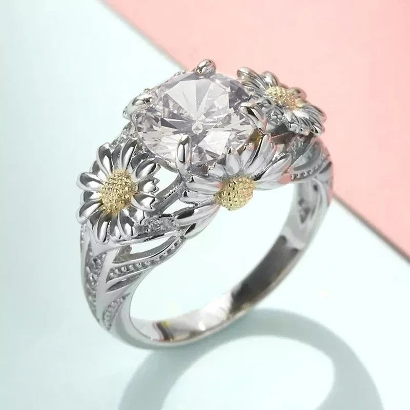 Bague vintage avec tournesol en jaune en or blanc