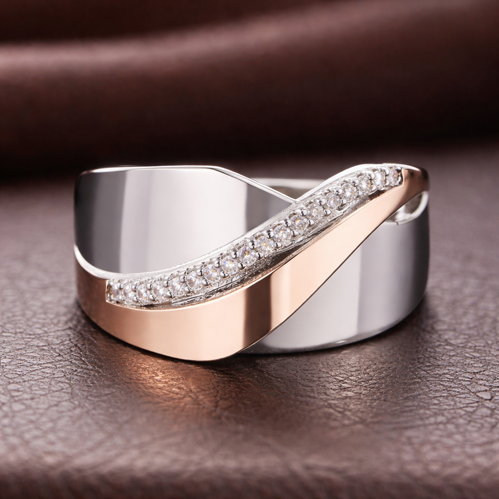 Bague vintage en or rose et argent avec zirconia