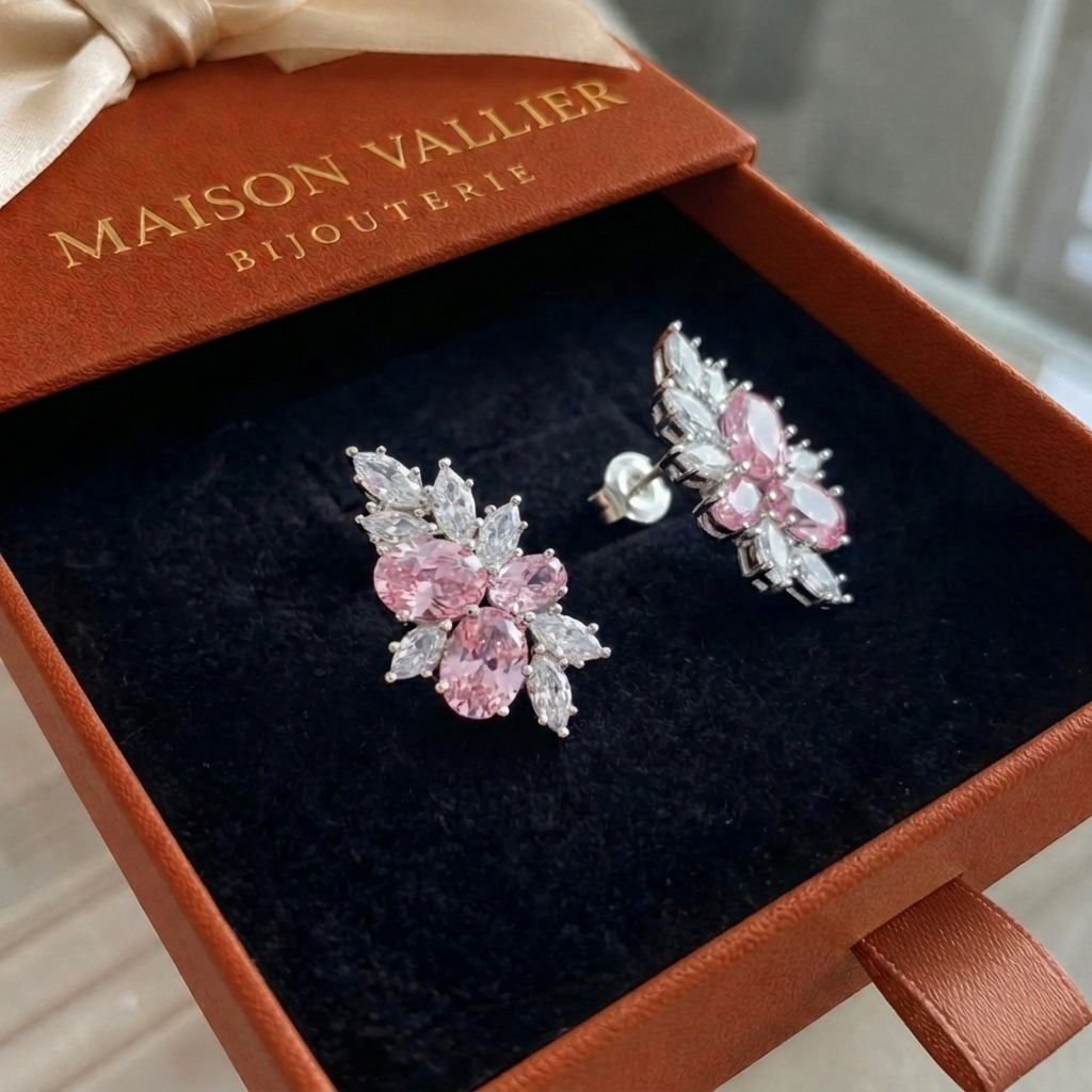 Boucles d'oreilles Lyra fleur rosée en or blanc