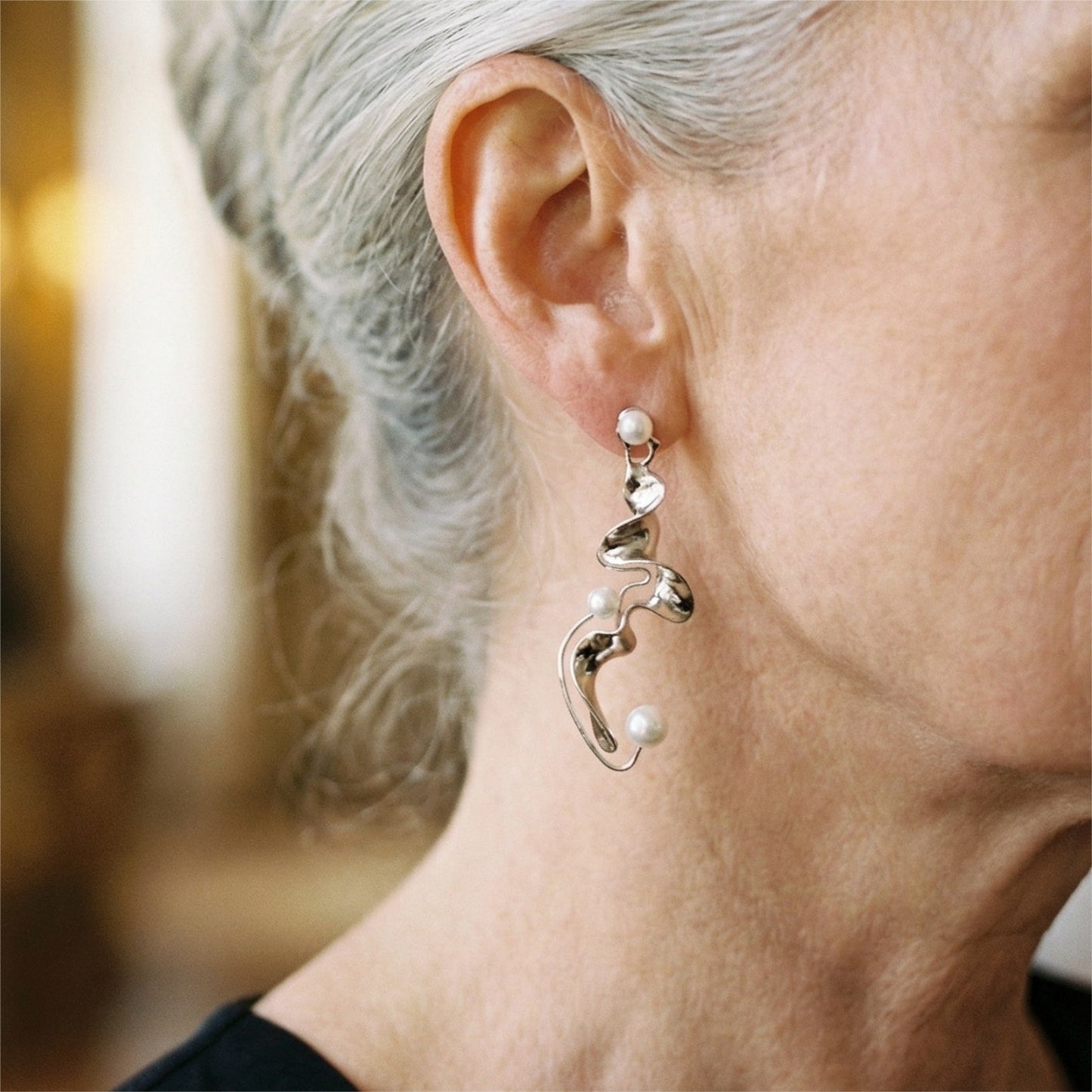 Boucles d'oreilles abstraites vintage en argent avec perles