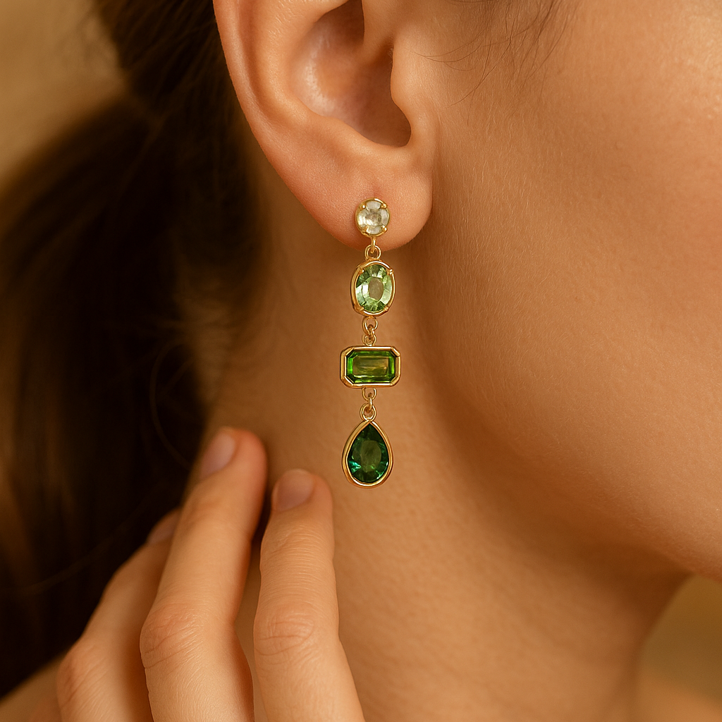Boucles d'oreilles avec des pierres suspendues de couleur verte en or