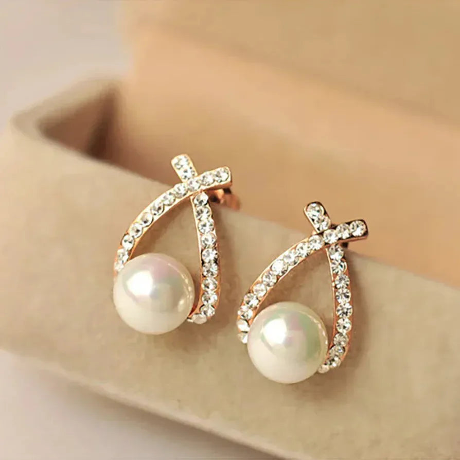 Boucles d'oreilles avec perles et cristaux tressés en or