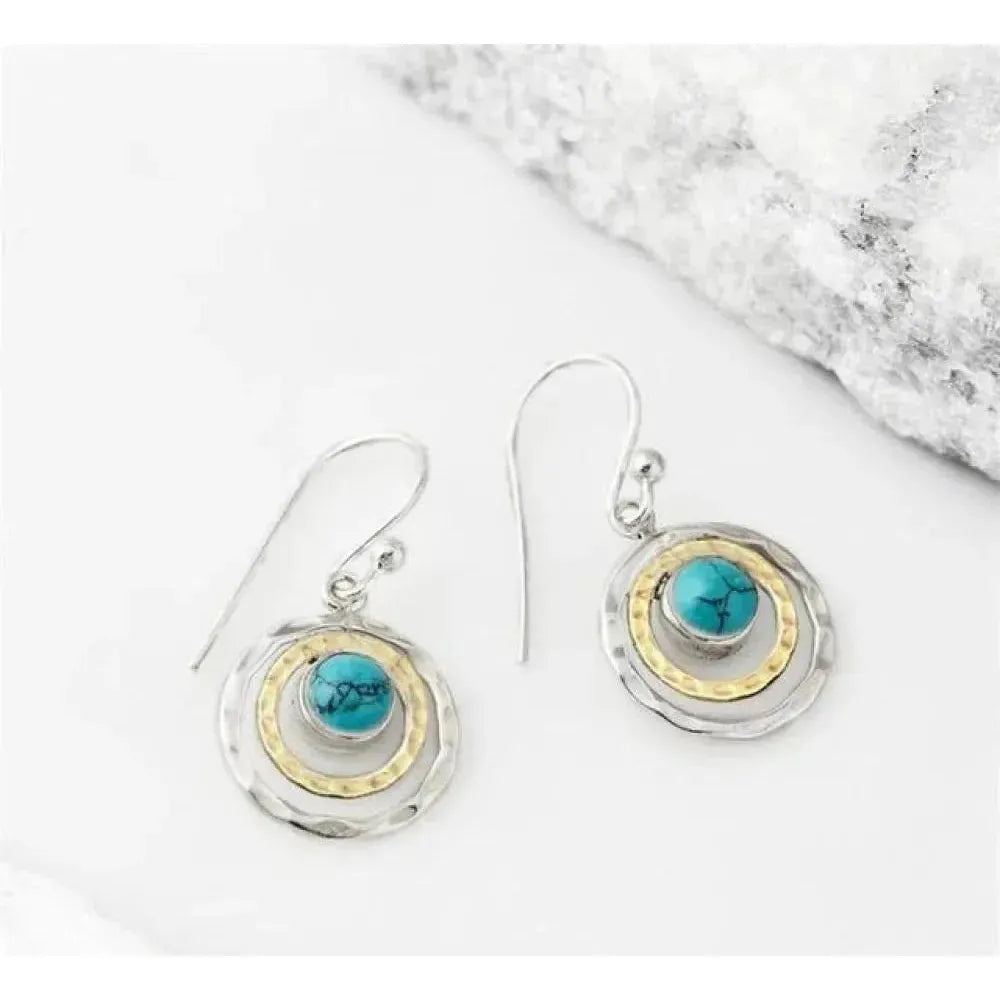 Boucles d'oreilles bohèmes « Saturne » avec turquoise et or en or blanc